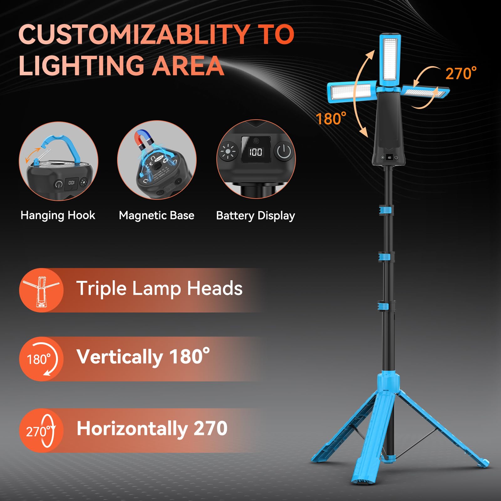 Luce di campeggio ricaricabile 15000mAh con il supporto, luce senza cordone del lavoro, blu | Lanterna da campeggio con 3 teste di lampada a LED, 5500 lumen, torcia di emergenza con treppiede staccabile da 218,4 cm