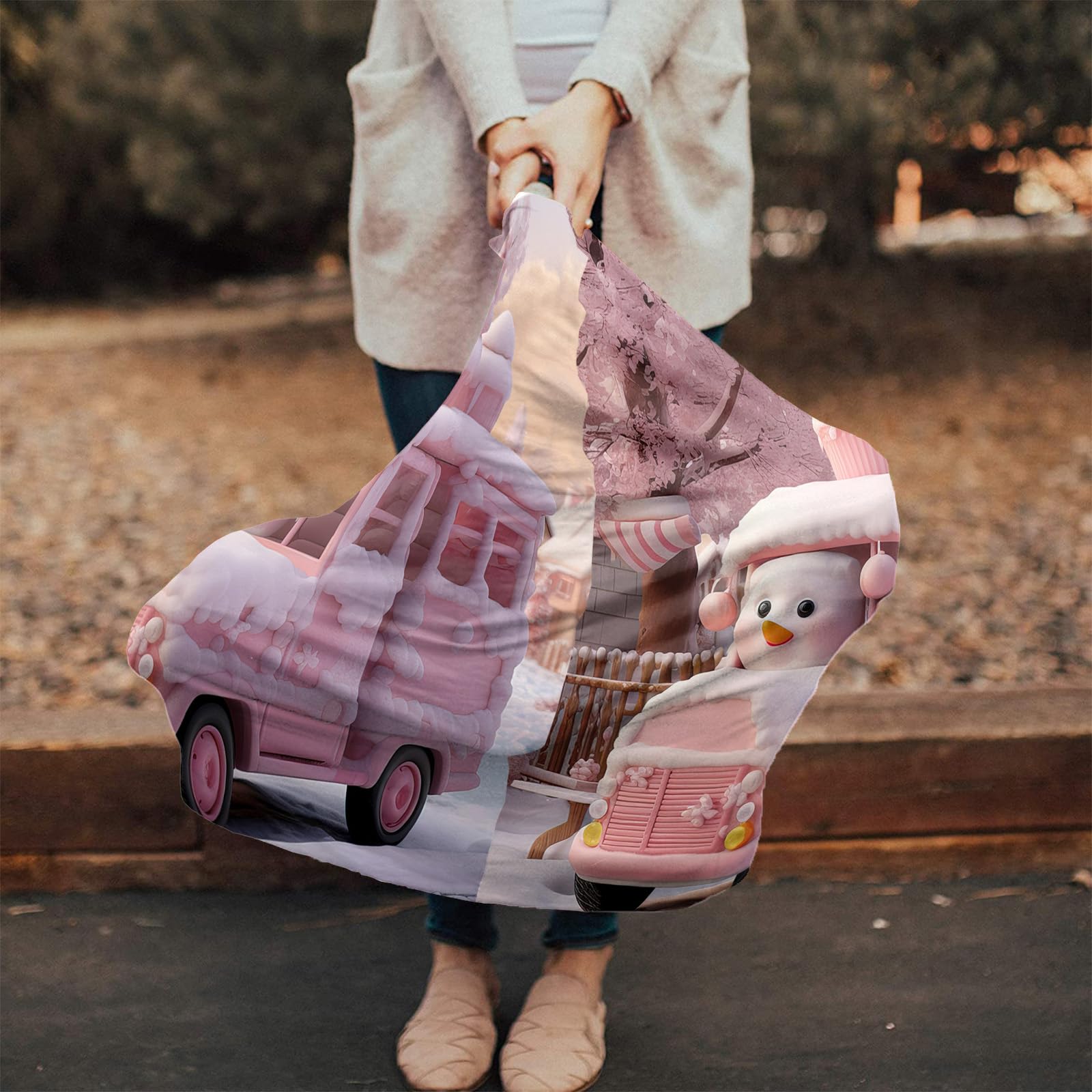 Nursing Cover for Breastfeeding Scarf, Merry Christmas Pink Car Snowman Baby Car Covers Super Soft Multi Use for Canopy Shopping Cart Cover Blanket Stroller Cover