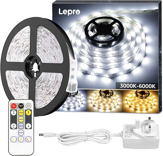 Lepro 5M LED Strip Lights, Warm White to Cool Daylight, Dimmable and Tunable with Remote, Stick-on LED Light for Desk, Mirror, Wall, Ceiling and More (3000K to 6000K Adjustable)