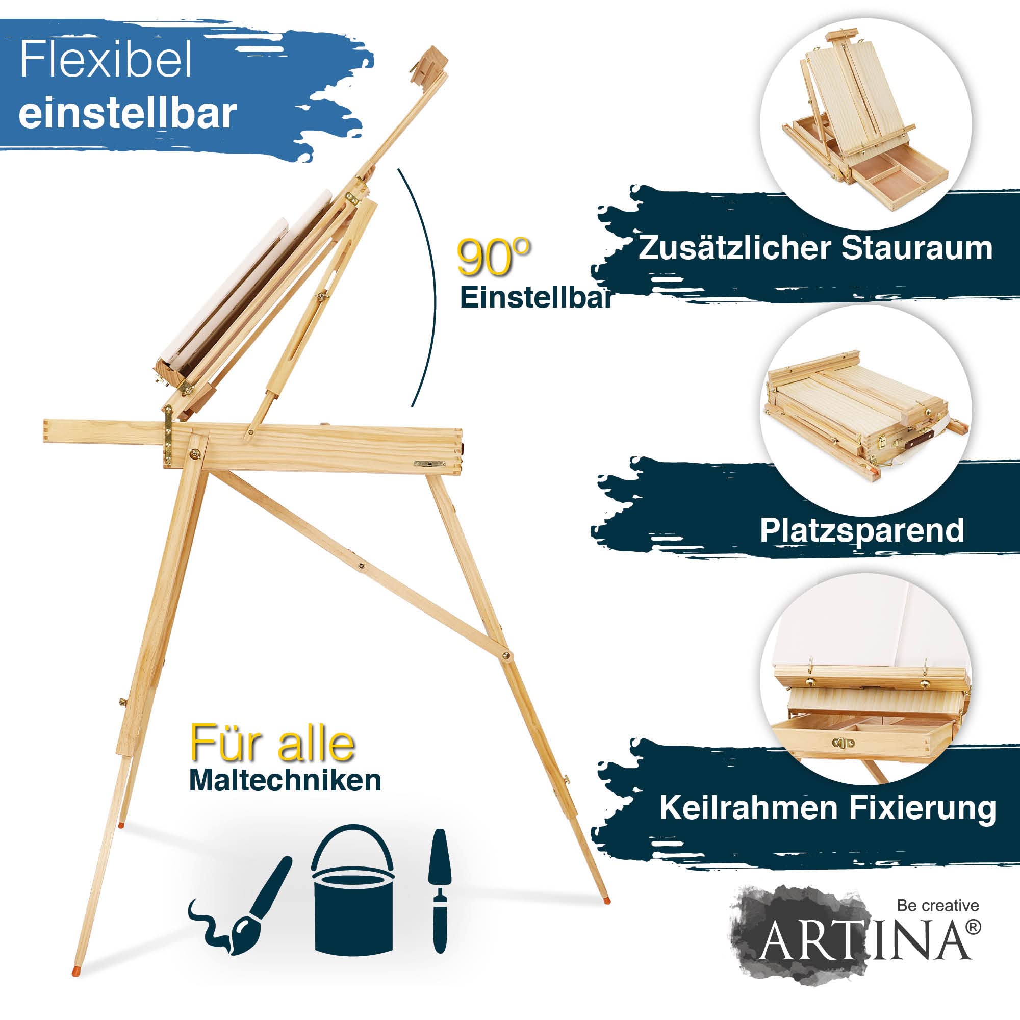 Artina 30 tlg Malset mit Kofferstaffelei Acrylfarben Set Künstlerkoffer | 2x Leinwänden 18x Pinseln & Mal Zubehör für Erwachsene & Hobbykünstler 30tlg Malen Acryl Anfänger Madrid