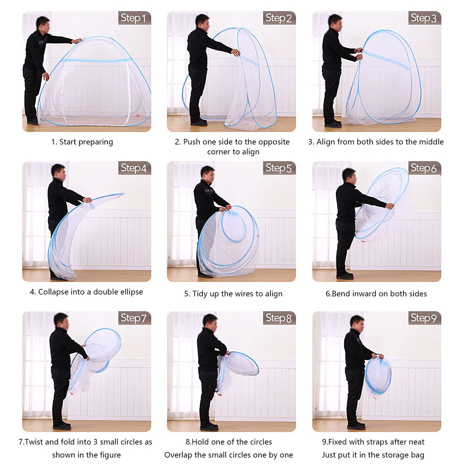 Zanzariera per letto pop-up pieghevole, zanzariera da viaggio, tenda da campeggio per camera da letto, campeggio, facile da installare, a maglia fine (blu, 200 x 150 x 150 cm)