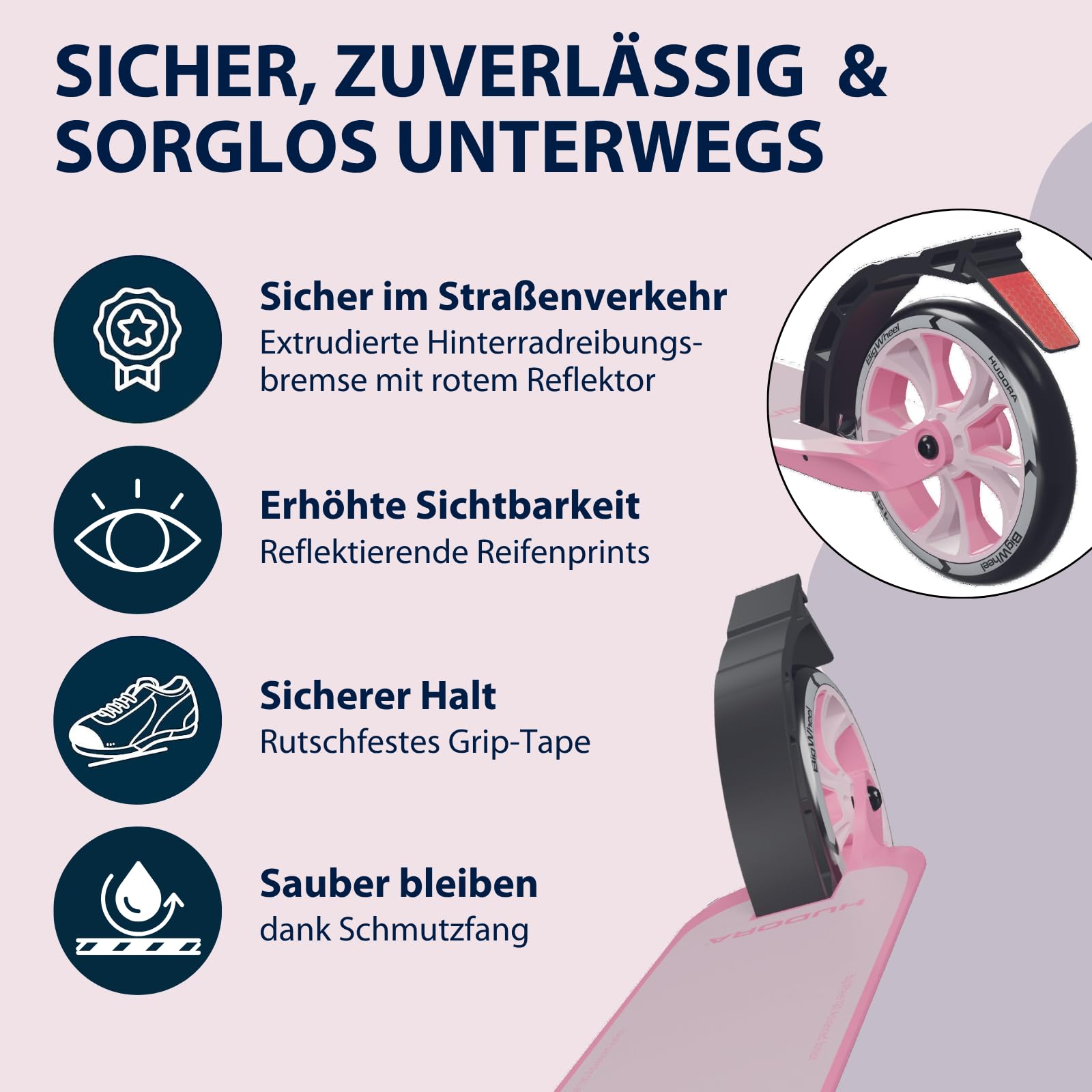HUDORA BigWheel 180 Advanced Junior - Hochwertiger und sicherer Kinder Roller ab 3 Jahre - Zusammenklappbarer Kinderscooter mit Reflektoren - Höhenverstellbarer Mini Scooter für Jungen und Mädchen