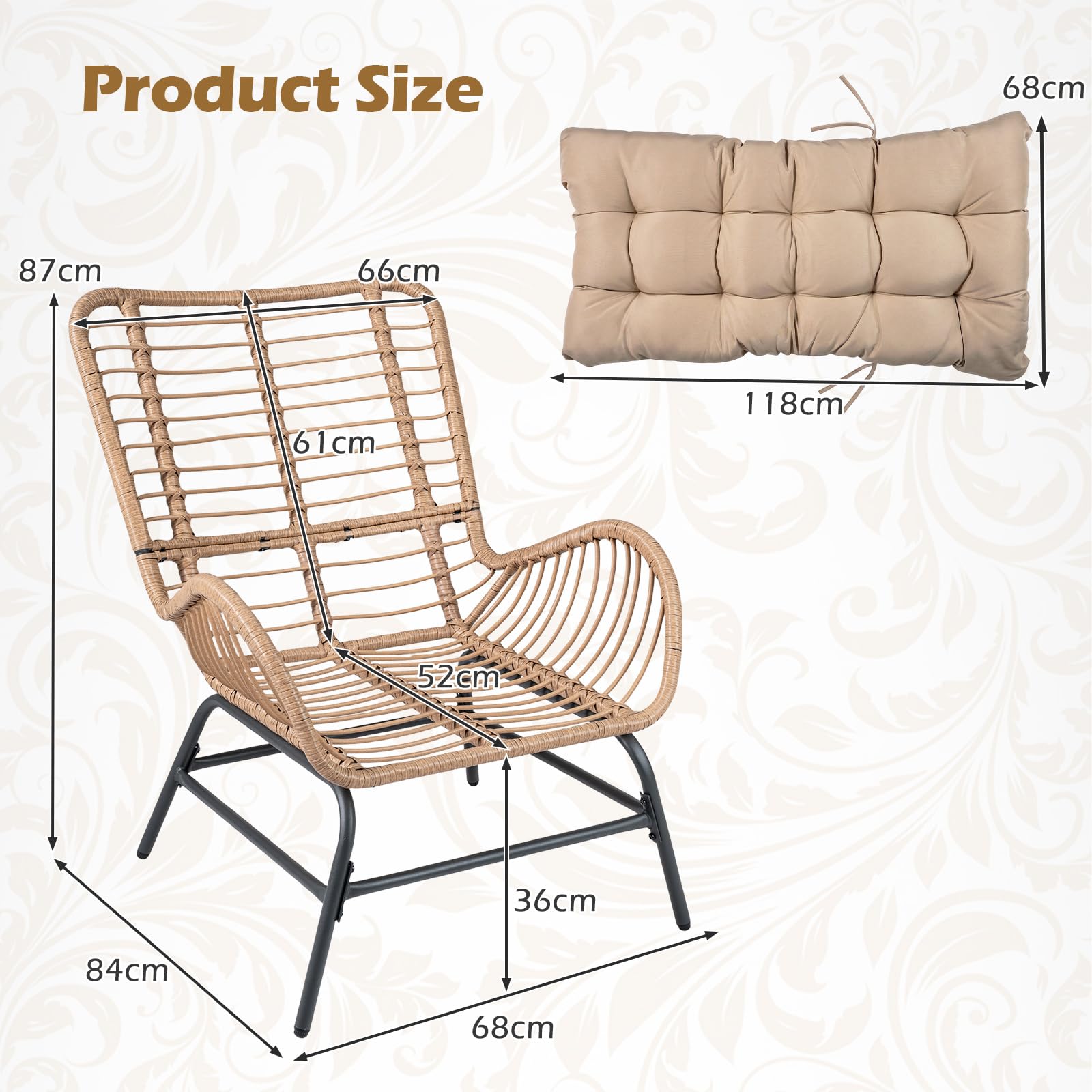 FANTASK Rattansessel Wetterfest, Gartenstuhl mit dickem Kissen bis 150 kg belastbar, Terrassenstuhl XXL, Gartensessel Rattan für Garten, Terrasse, Balkon (Khaki)