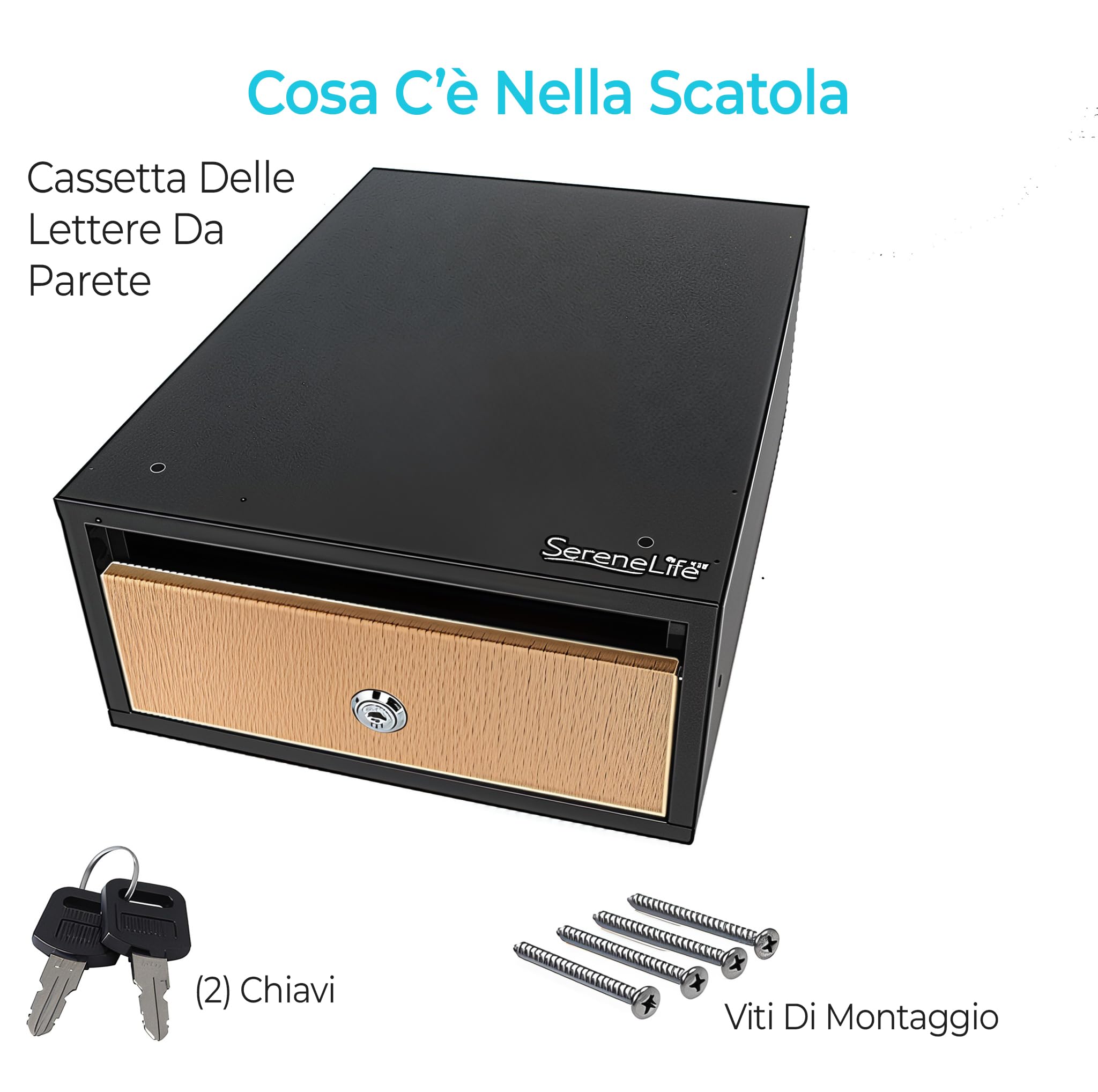 SereneLife Cassetta Postale da Esterno con Serratura, Cassetta Postale Orizzontale da Parete Moderna, Acciaio Zincato 34,8 × 24,9 × 11,9 cm, Ampia Capacità, Nero
