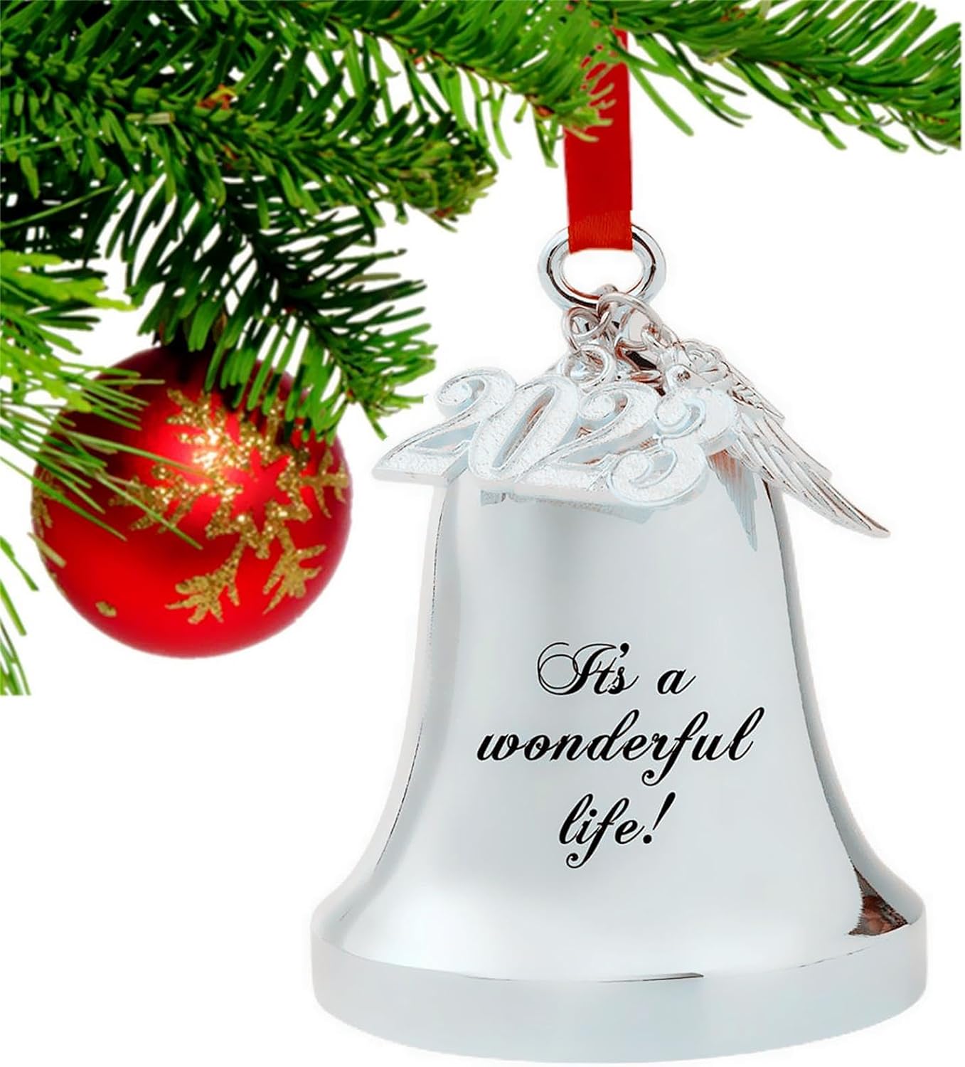 FKOG 2025 It's A Wonderful Life Christmas Bell Ornament, Silver Christmas Tree Bell and Sleigh Bell Ornament Decoration Gifts with Angel Wing Charm (It's a Wonderful Life Bell) - Image 6