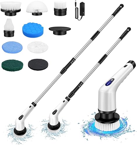 Limpiador eléctrico giratorio, limpiador de ducha inalámbrico con mango largo, 2 velocidades ajustables, cepillo de limpieza de ducha con 10