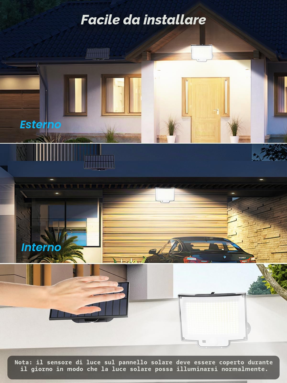 SIGRILL Faretti Solari a LED da Esterno con Sensore di Movimento, 318 LED Luce Solare Led Esterno con 3 Modes, 5M Cavo, Lampada Solare da Esterno (2 Pezzi - 318LED Bianco Freddo)