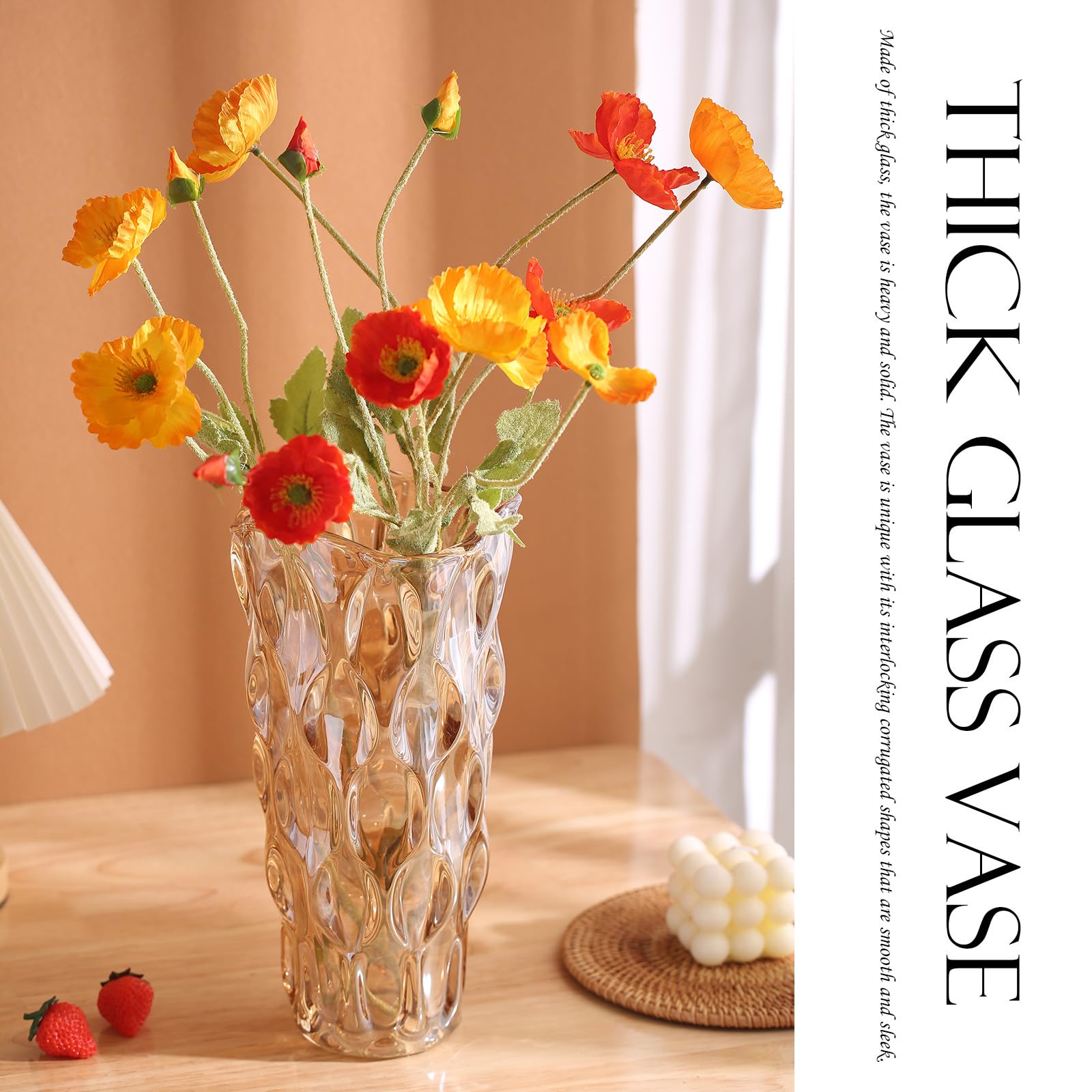 Vase en verre ambré - Cylindrique épais - Style bohème moderne - Fait à la main - Vase à fleurs décoratif pour table de salle à manger, mariage, fête de vacances, 29 cm de haut