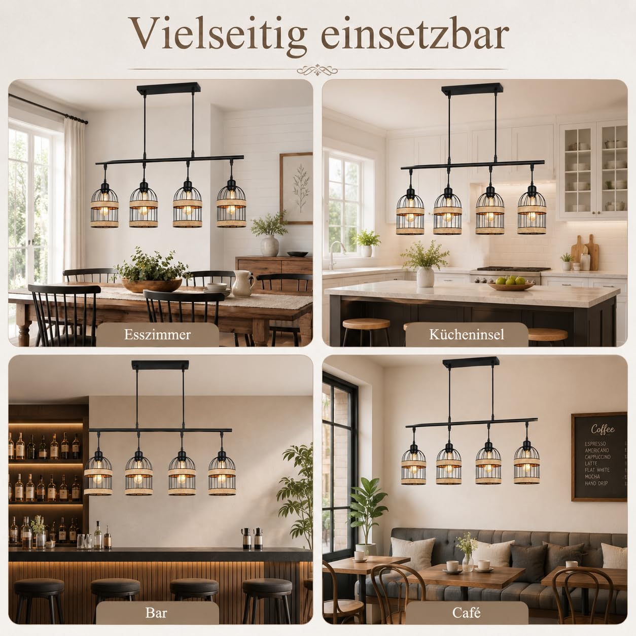 Pendelleuchte Esstisch Rattan Hängelampe 4-Flammig inkl. LED, Vintage Hängeleuchte Schwarz Höhenverstellbar für Esszimmer Kücheninsel Wohnzimmer, Boho Esstischlampe Kronleuchter E27