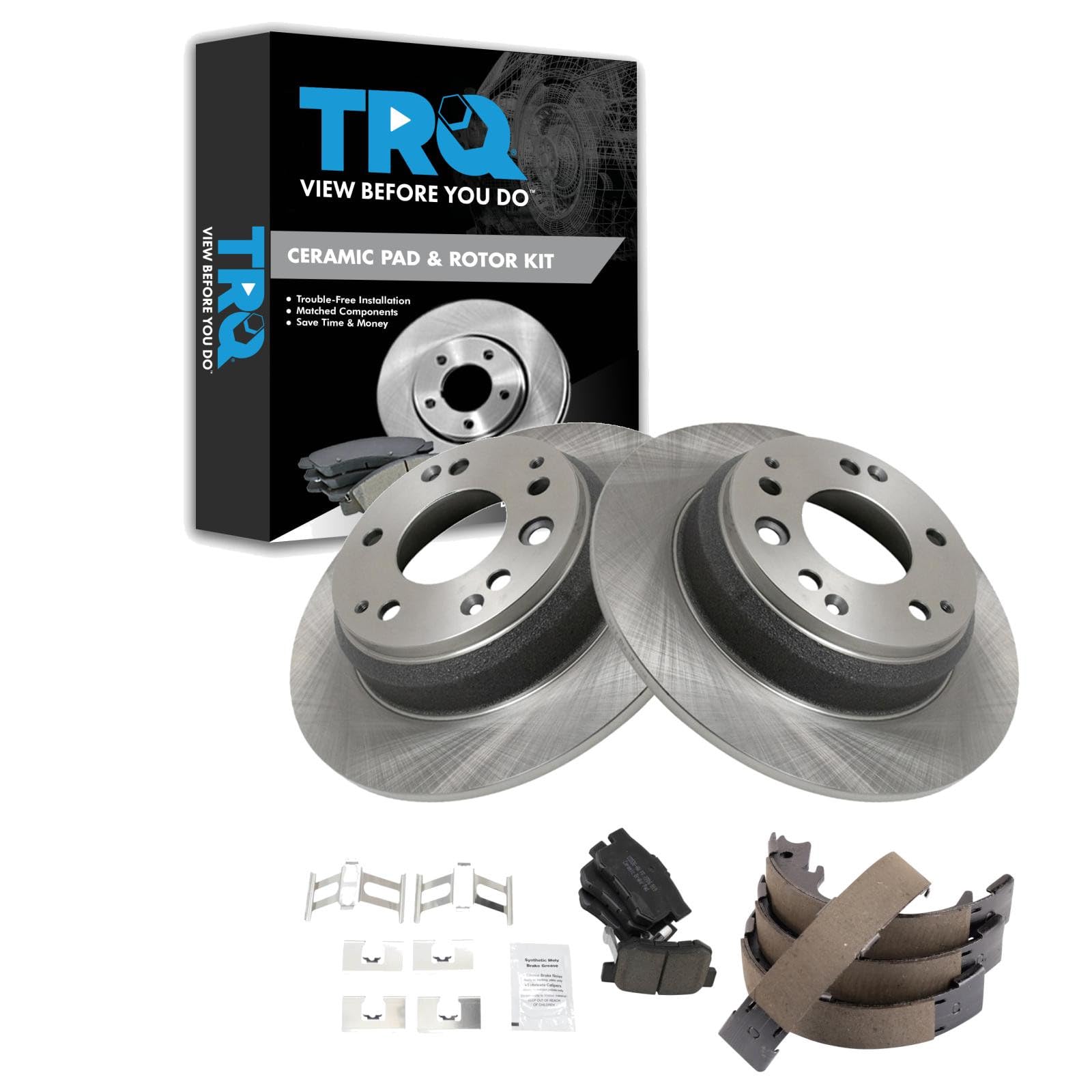 TRQ Rear Brake Pad and Rotor Set Ceramic Parking Brake Shoe Compatible with 1996-1998 Acura RL