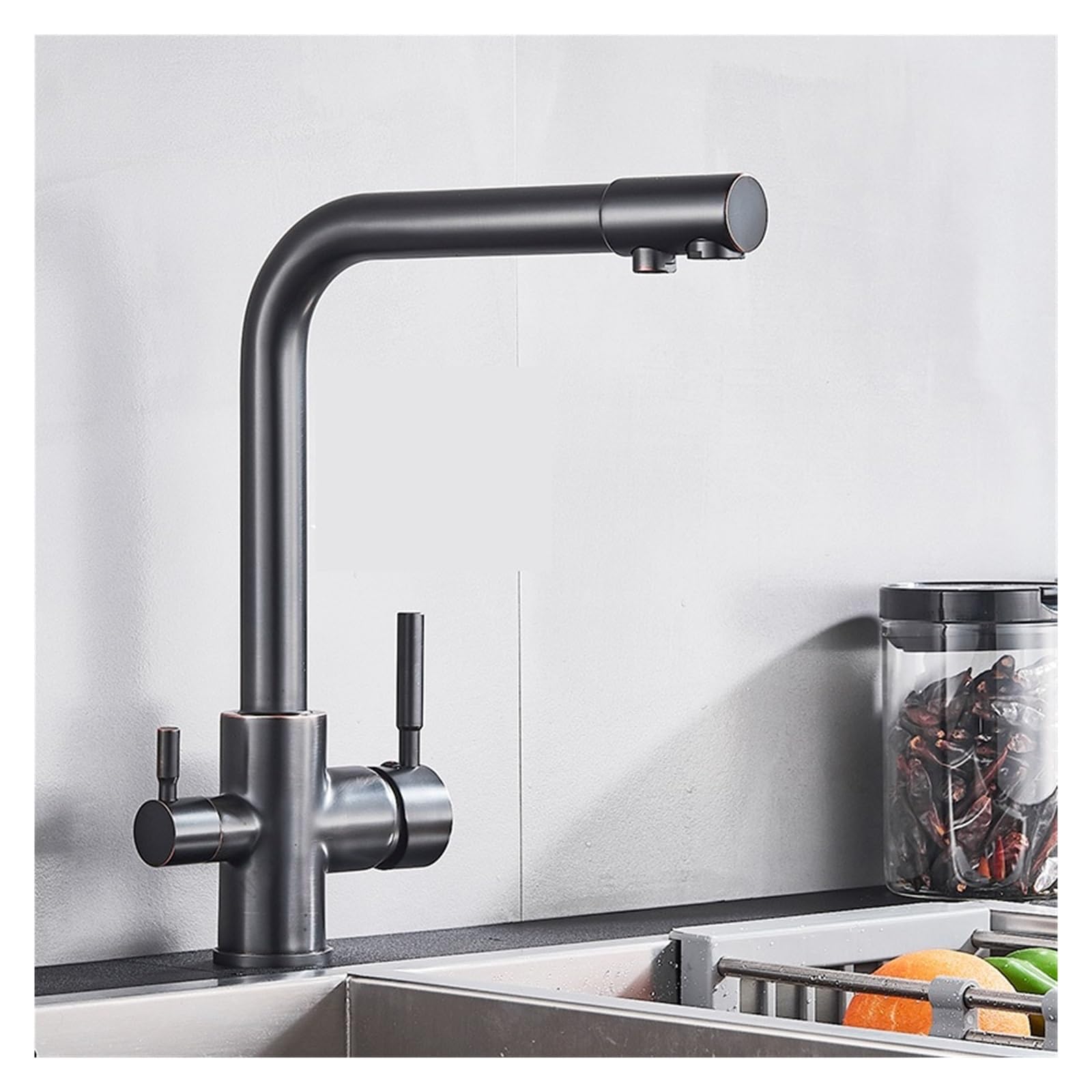 BHFPFZA Black Grey Kitchen Faucet with Water Filter - Hot & Cold Mixer Tap for Drinking Water - Modern Kitchen Sink Water Filter Faucet for Home Use