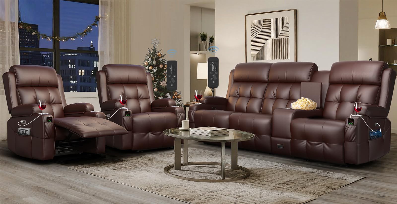 RV Loveseat Recliner Sofa Set, Home Theater Seating with Console &amp; Massage