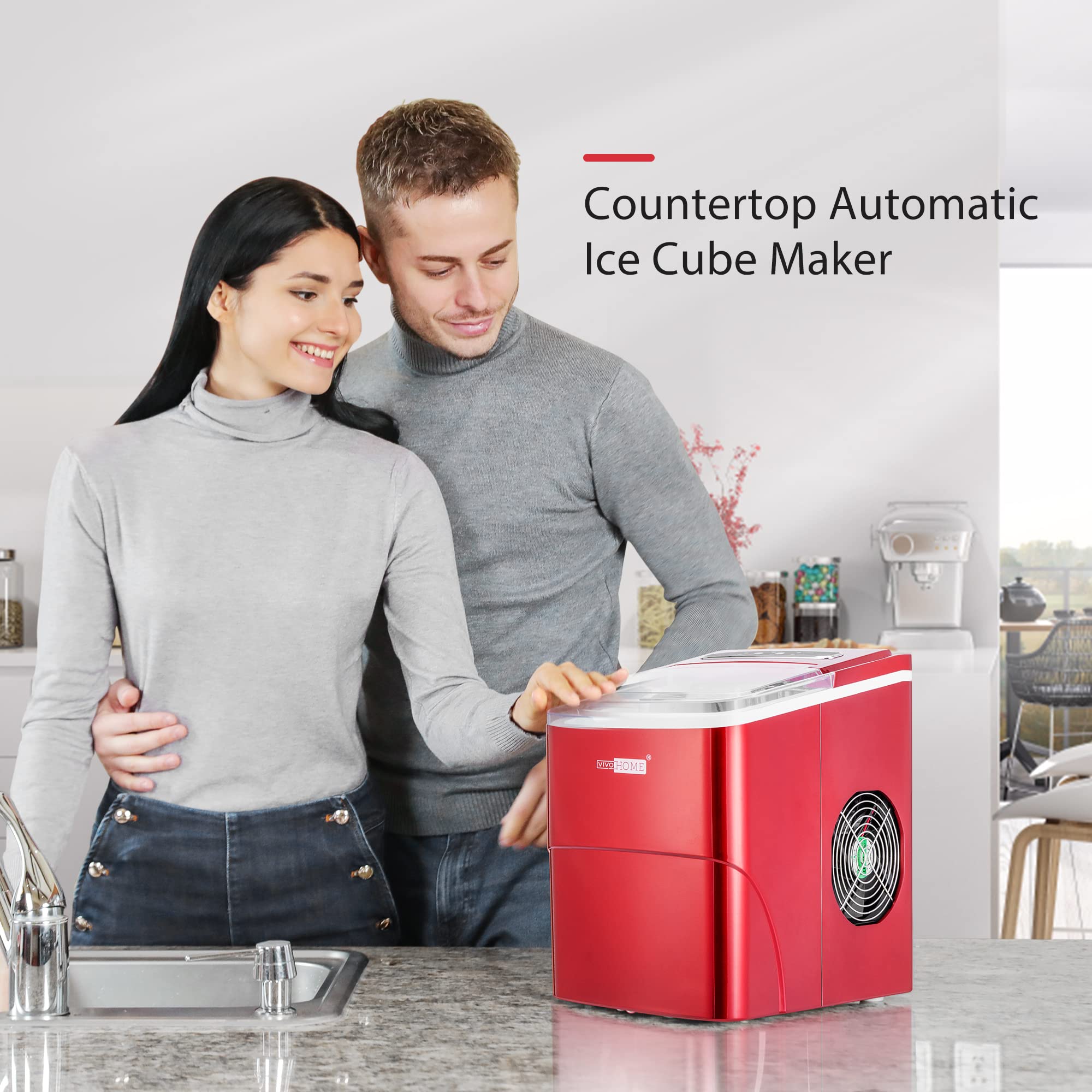 VIVOHOME Electric Portable Compact Countertop Automatic Ice Cube Maker Machine with Self Cleaning Function Visible Window and Hand Scoop Red 26.5lbs/Day on Fridge.com