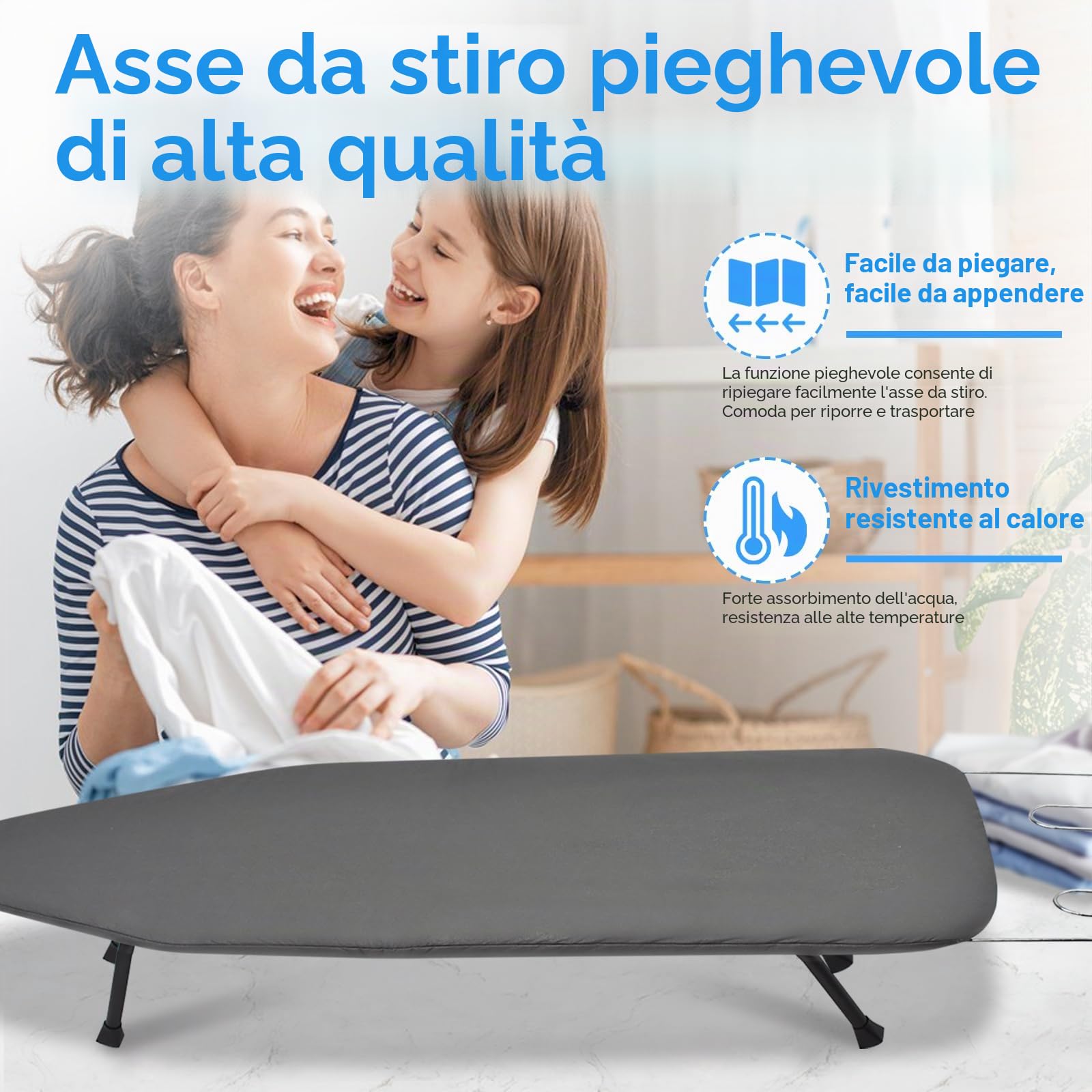 Asse da Stiro da Tavolo Pieghevole Salvaspazio, Tavola da Stiro con Ripiano per Ferro da Stiro, Ironing Board con Piedini Antiscivolo per la Casa e il Dormitorio, Viaggi, Leggero, Grigio