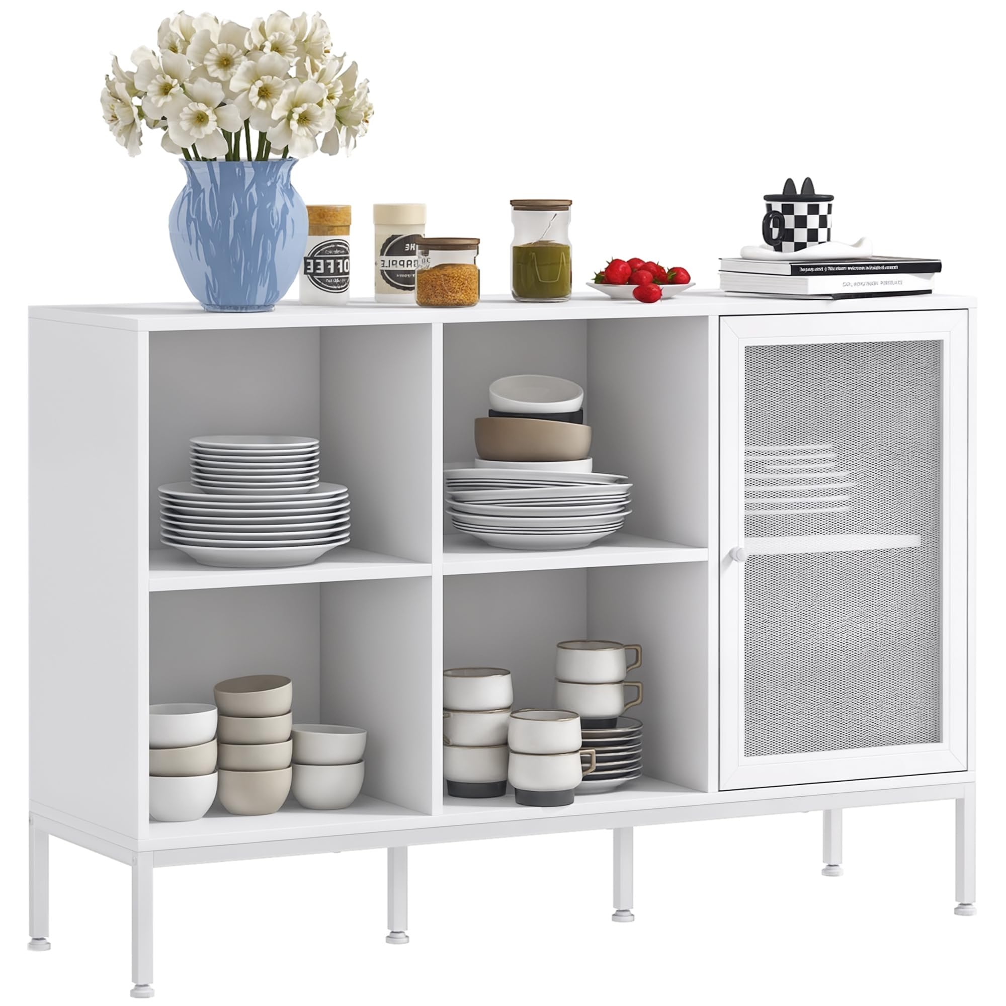 HOMCOM Aparador de Cocina Mueble Aparador con Puerta de Malla 4 Compartimentos Abiertos y Estante Ajustable Mueble de Cocina Moderno Bueffet para Salón Comedor 120x37x81,5 cm Blanco