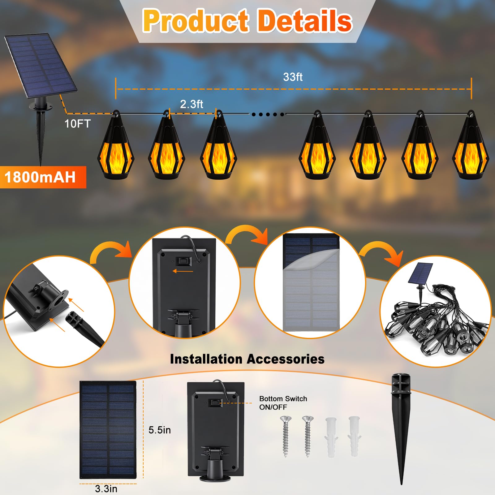 Solar-Lichterkette für den Außenbereich, 15 LEDs, warmweiße Flamme, 15 m | Wasserdichte Solar-Lichterkette für den Außenbereich, Baum, Halloween, Terrasse, Garten, Veranda, Party-Dekorationen