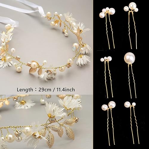 Miniatura 7 de Juego de tocados florales: diadema de diamantes de imitación de perlas, corona de tiara con horquillas para el cabello - Accesorios para bodas y