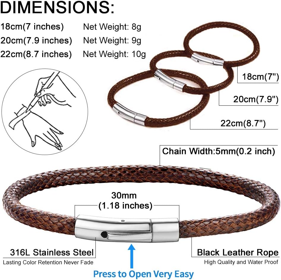ChainsHouse Personalized Mens Leather Wrist Cuff Bracelets with Custom Beads, Waterproof Wax Rope Braided Cord Bracelet Engraved with Names for Men Women, 7-8.7 inch Length, Send Gift Box