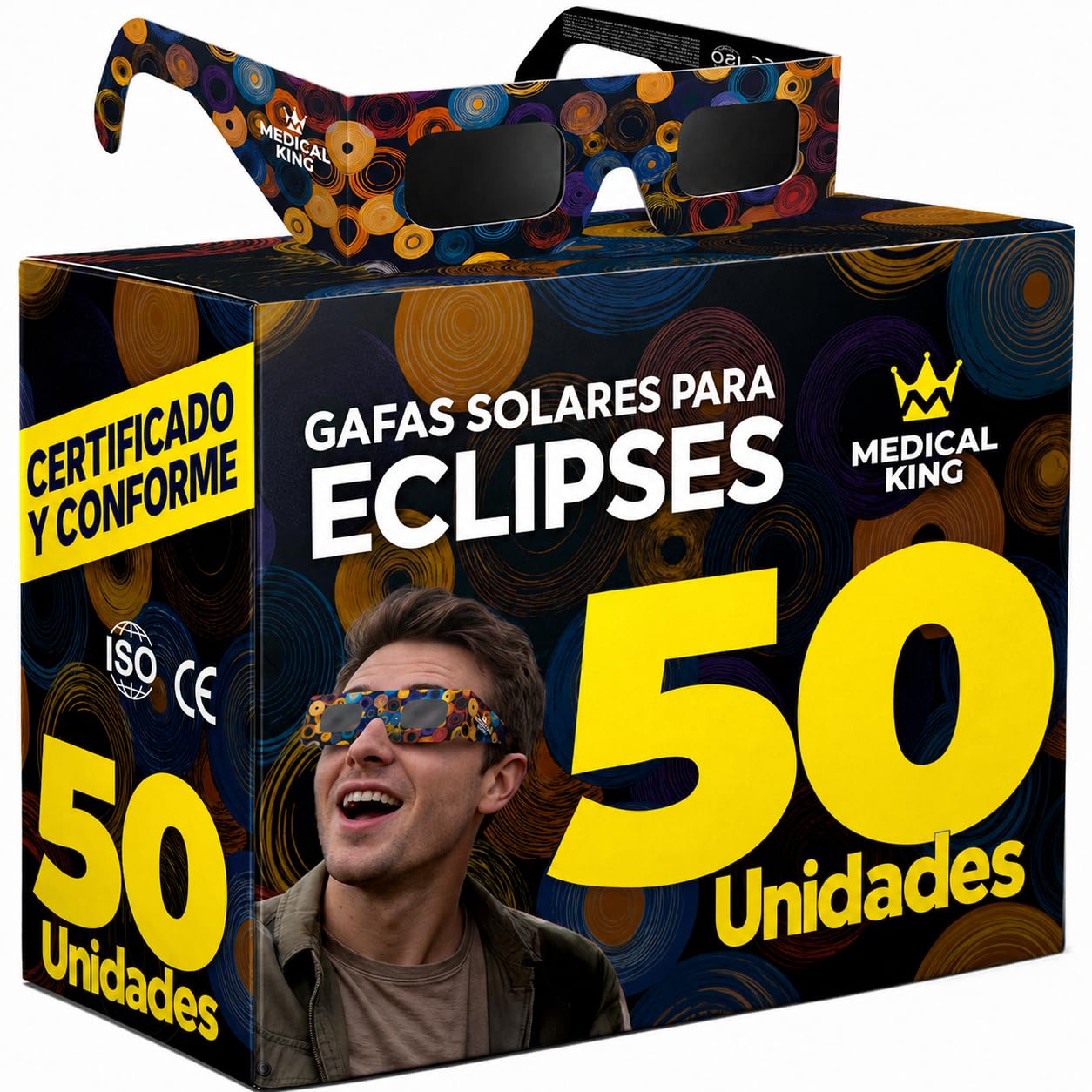 Medical king Gafas Eclipse Solar Homologadas ISO 12312-2 - Viene Con 2 Lentes Fotográficos Para Smartphone Aprobados según la norma ISO, con certificación CE: Gafas para ver eclipses solar 2026 con descuento
