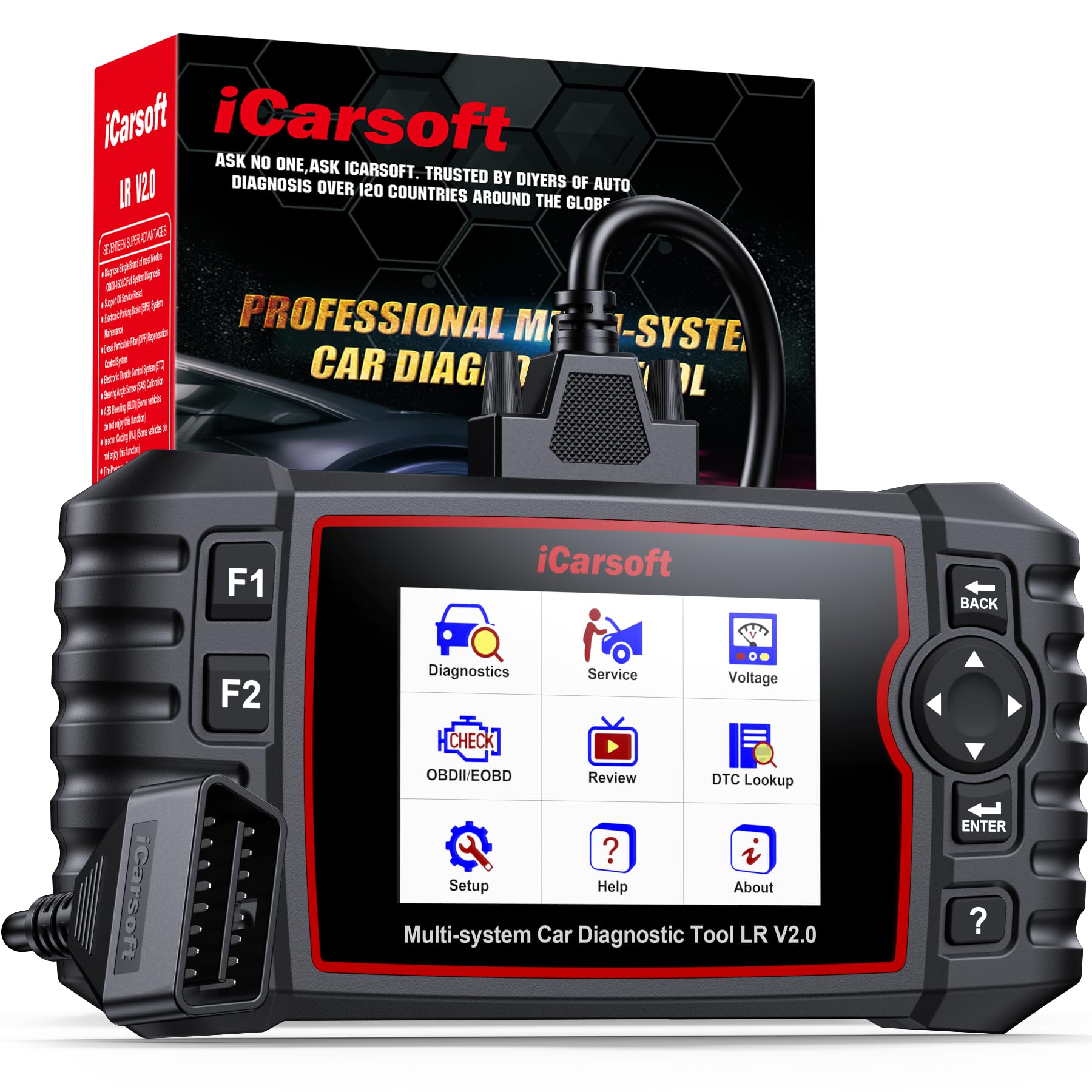 iCarsoft LR V2.0 OBD2 Máquina Diagnosis Coche para Land Rover/Jaguar, Escáner de Todo el Sistema, Detector Fallos Coche con 9 Funciones Reinicio, Prueba de Batería, Actualización de por Vida