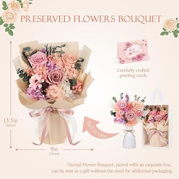 Preserved Flowers Bouquet Flowers, Real Roses Forever Bouquet with Vase | Delivery Next Day Prime, Last 3-5 Years, Gifts for Woman Wife Girlfriend, Anniversary Christmas Thanksgiving Gifts, Pink