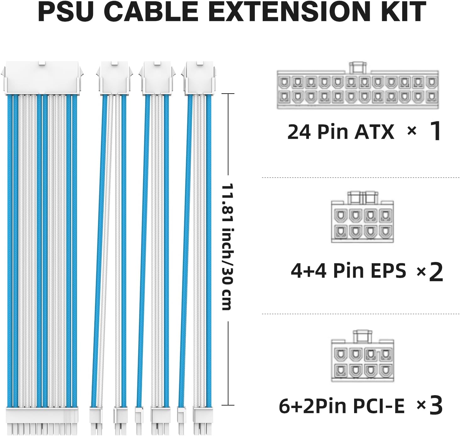 16AWG PSU Cable Extension Kit with Cable Combs,1x24pin ATX/2x8pin(4+4) EPS/3x8pin(6+2) PC Sleeved Cables 30cm Length,Power Supply Extension Cable Kit(Blue/White) - 3