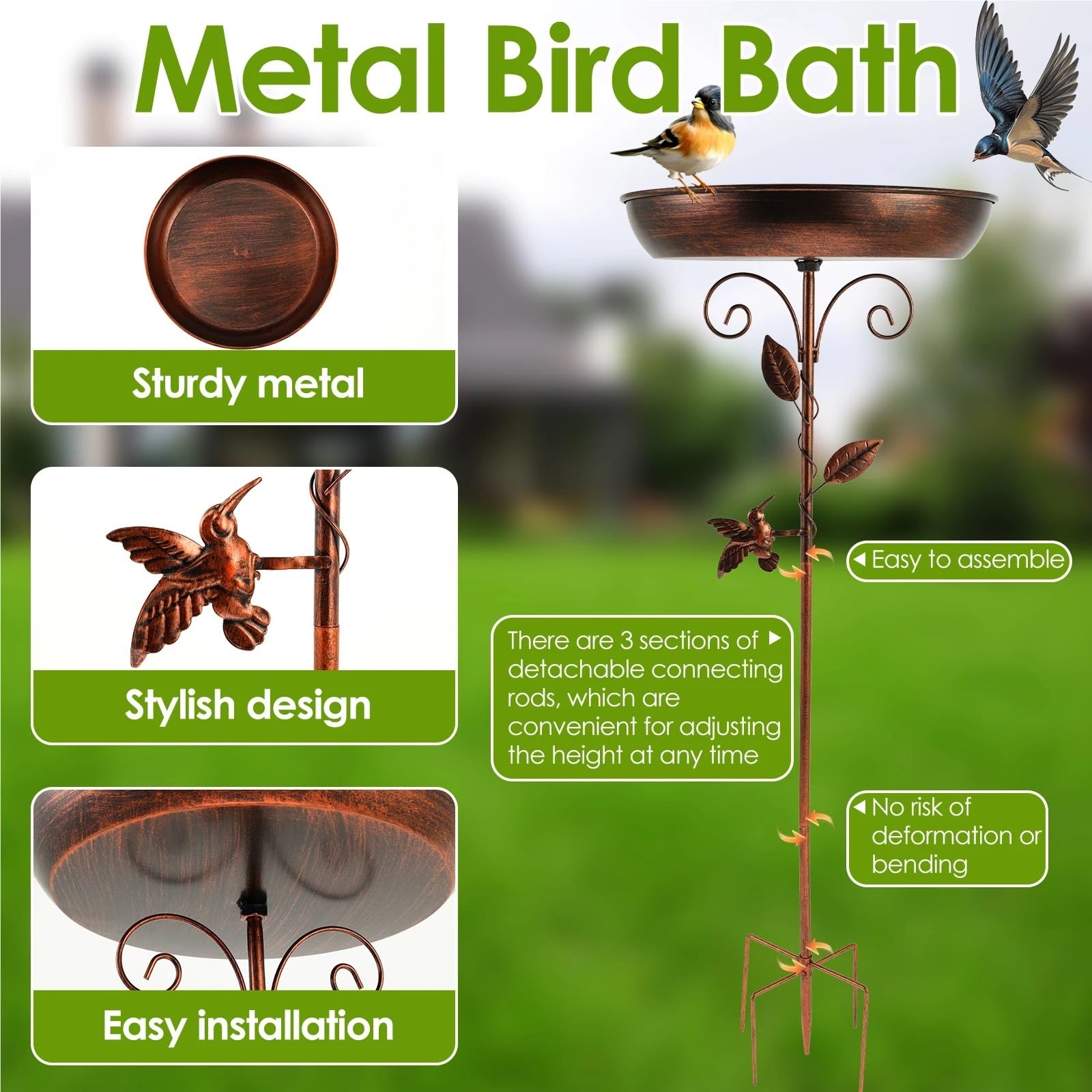 Metal Bebedero pajaros con Pie Comedero for pájaros, comedero for de 32 Pulgadas | Bebedero for pájaros independiente for jardín, Patio, patio, césped, bebedero for pájaros de pie