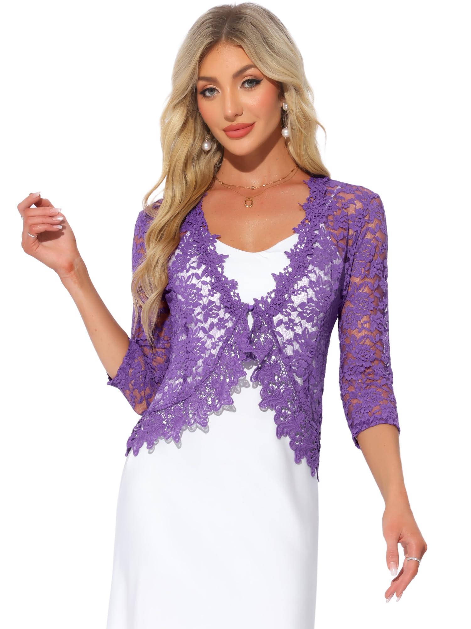 Allegra K Boléro en dentelle florale pour femme manches 3/4 formelle élégante Boléro Cardigan