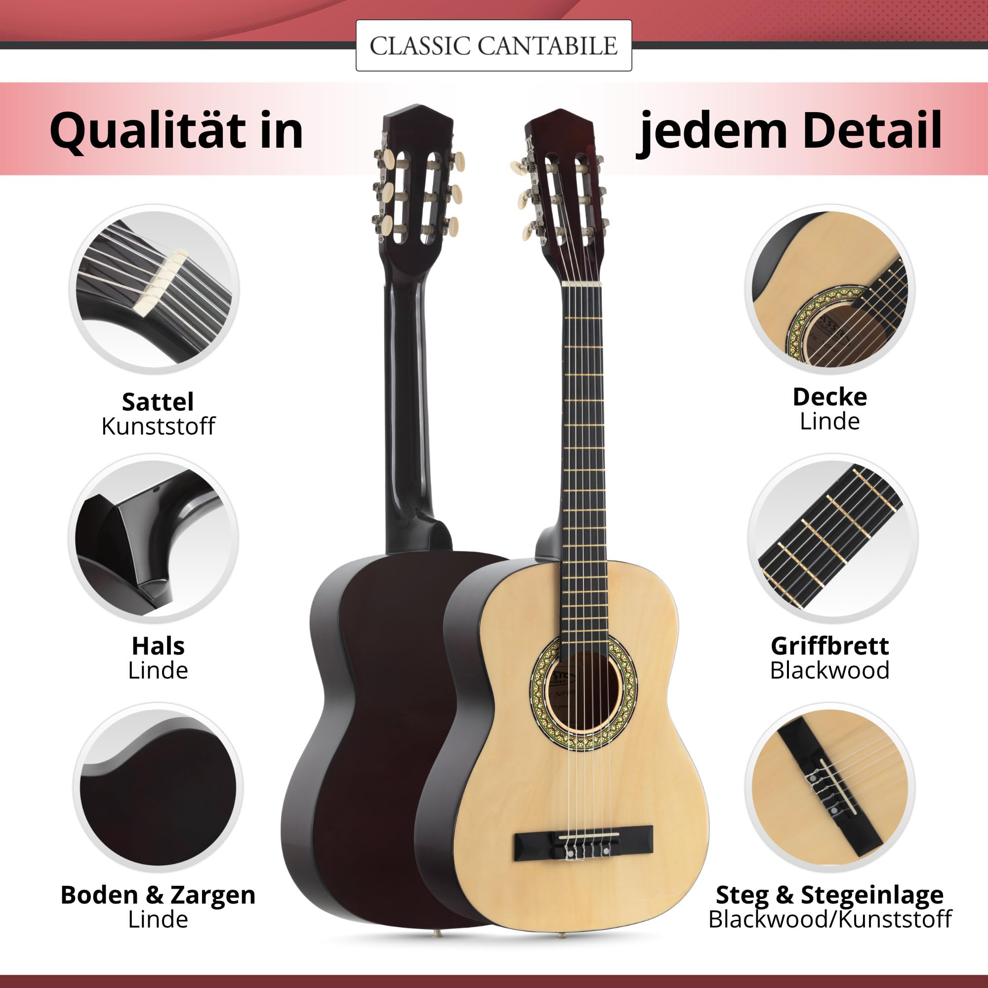 Classic Cantabile AS-851 1/2 Konzertgitarre Natur (Akustikgitarre, geeignet für Kinder im Alter von 6-8 Jahren, Bundmarkierung, Nylonsaiten)