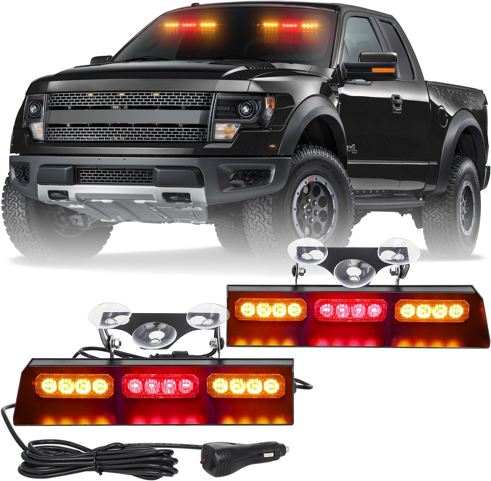 XRIDONSEN 2x 10 inch Amber Red Emergency Dash Strobe Lights 24 LED Traffic Advisor Light Bar Safety Hazard Warning Flashing Interior Front/Rear Windshield Lights for Plow Trucks Construction Vehicles