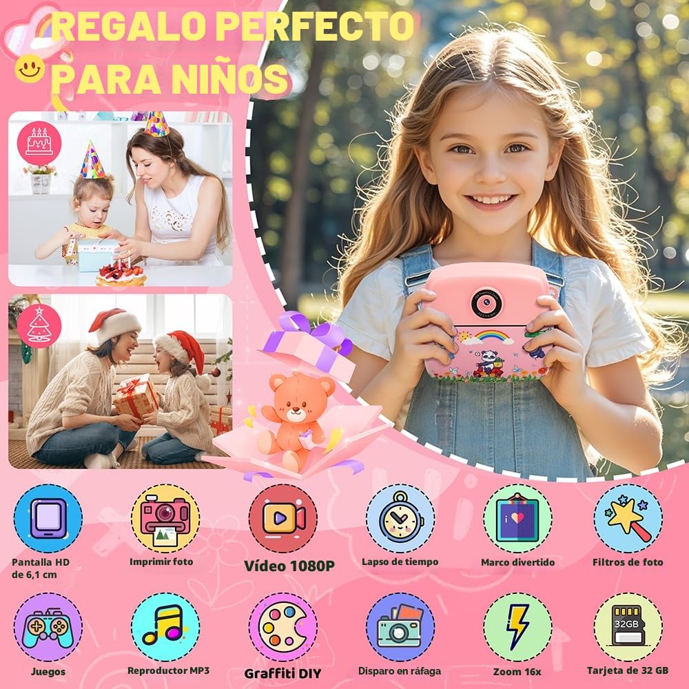 CNAPXAIA Camara Fotos Infantil Instantanea, 2,4'' Cámara Instantánea con Tarjeta de 32GB y Papel de Impresión, Cámara Niños Digital Regalos de Juguete para Niños y Niñas de 3 a 12 Años (Rosa)