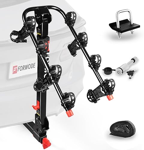 Forwode Portabicicletas plegable inclinable para 4 bicicletas, enganche de bloqueo sin tambaleo, receptor de liberación rápida de 2 pulgadas, negro