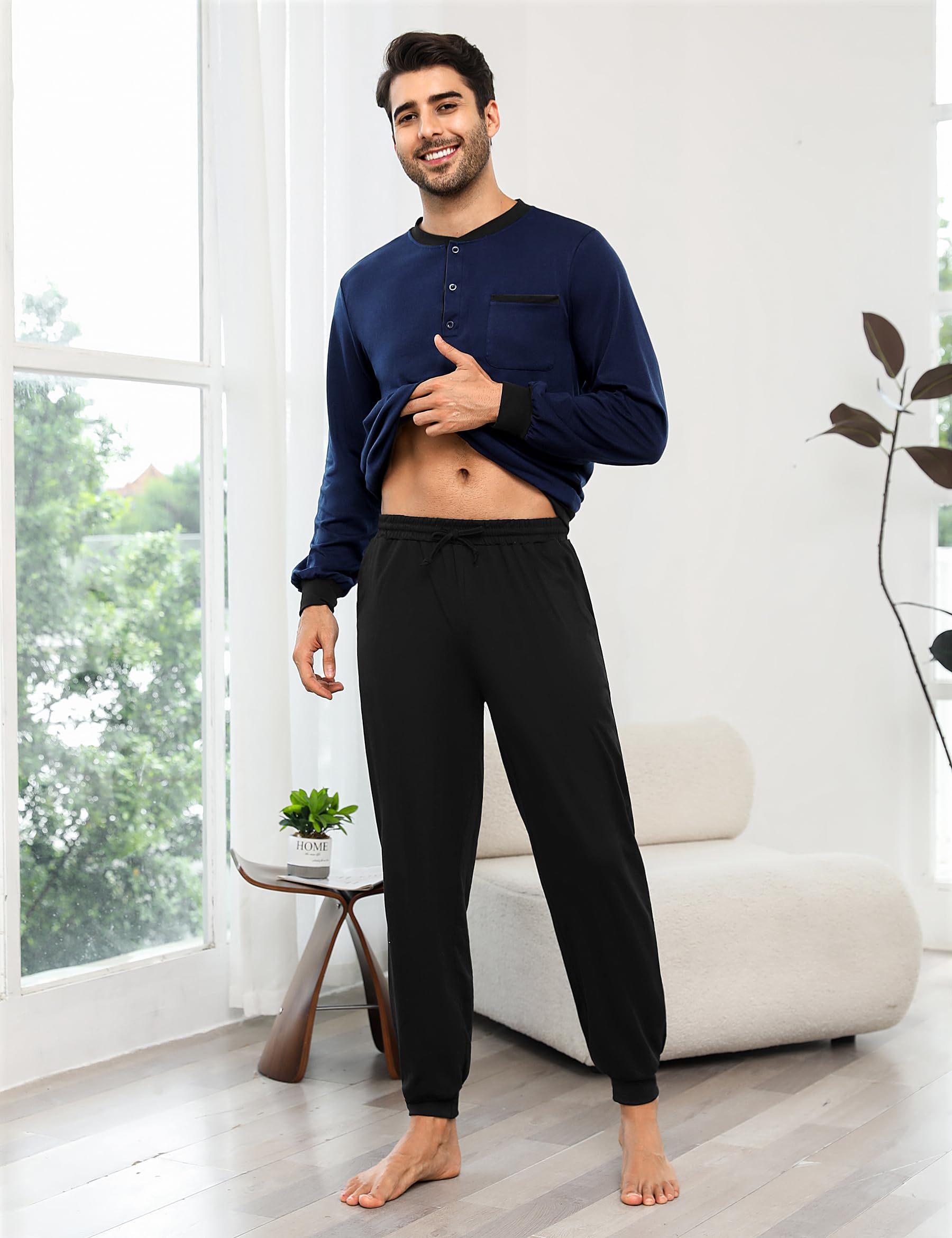 Bresdk Schlafanzug Herren Pyjama Set Lang Baumwolle mit Bündchen Knöpfen Nachtwäsche für Männer