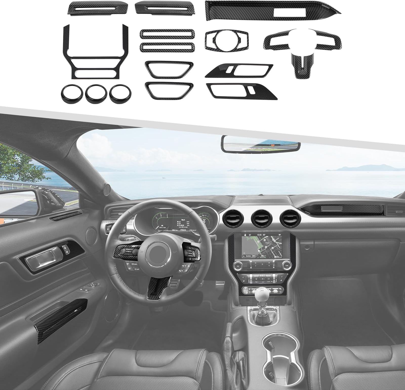 Jimen Compatible with Ford Mustang 2015-2023, 17PCS Interior Trim Kits Steering Wheel & Air Vent Cover & Headlight Switch Frame, Inner Door Handle Trim (Carbon Fiber)