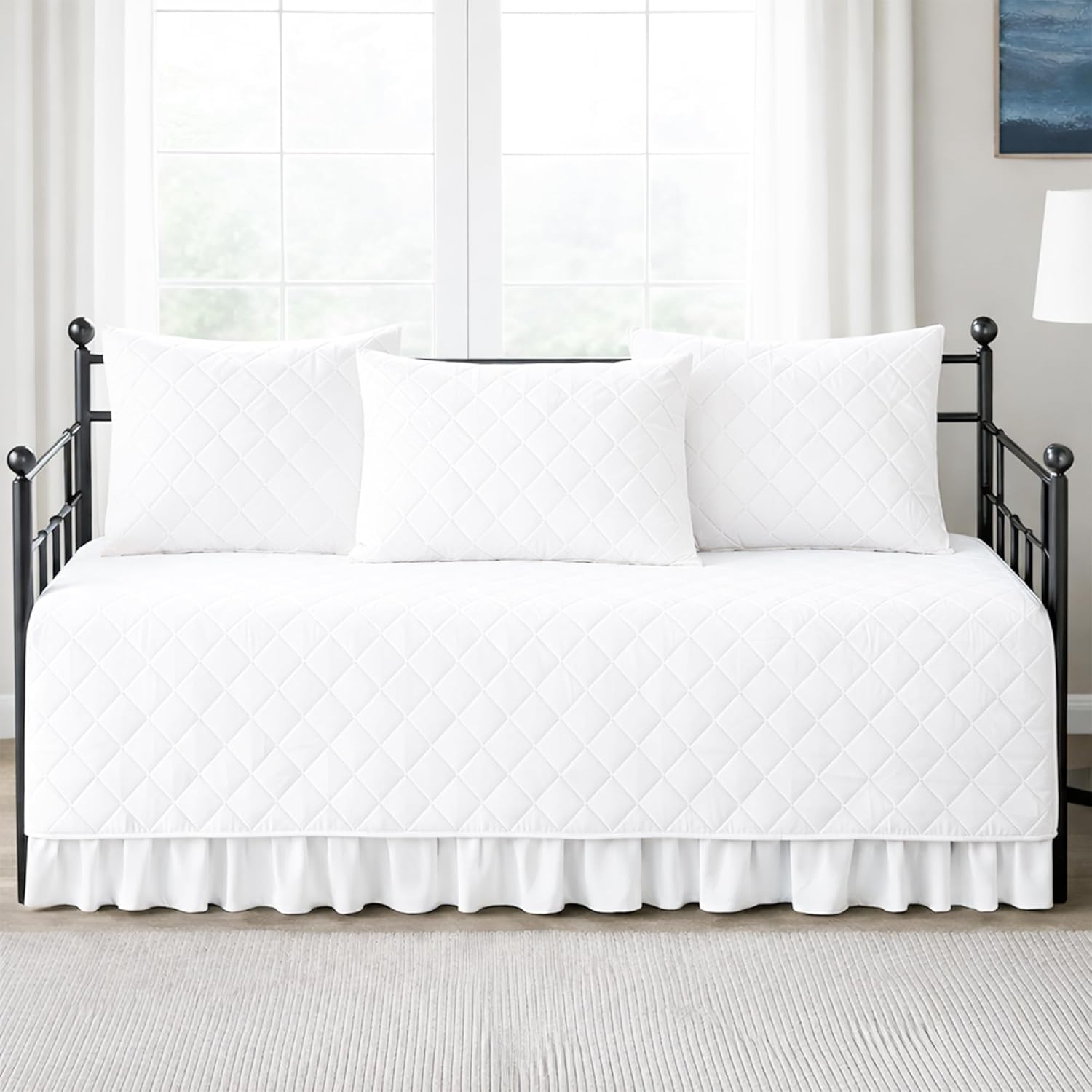Shreem Linen 5-Piece Twin Daybed Cover Set Quilted Brushed Microfiber Bedding with Bedspread, Ruffled Skirt & 3 Pillow Shams, Geometric Pattern, All-Season, Soft & Durable, 39"x75", White