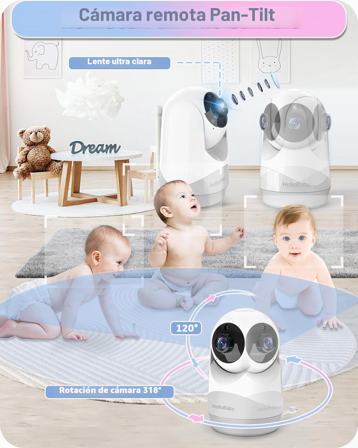 HelloBaby 4" Camara Vigilancia Bebe, 29 Horas de batería Vigilabebes con Camara, Zoom Digital Doble 350°/120°,visión Nocturna infrarroja, Modo Eco