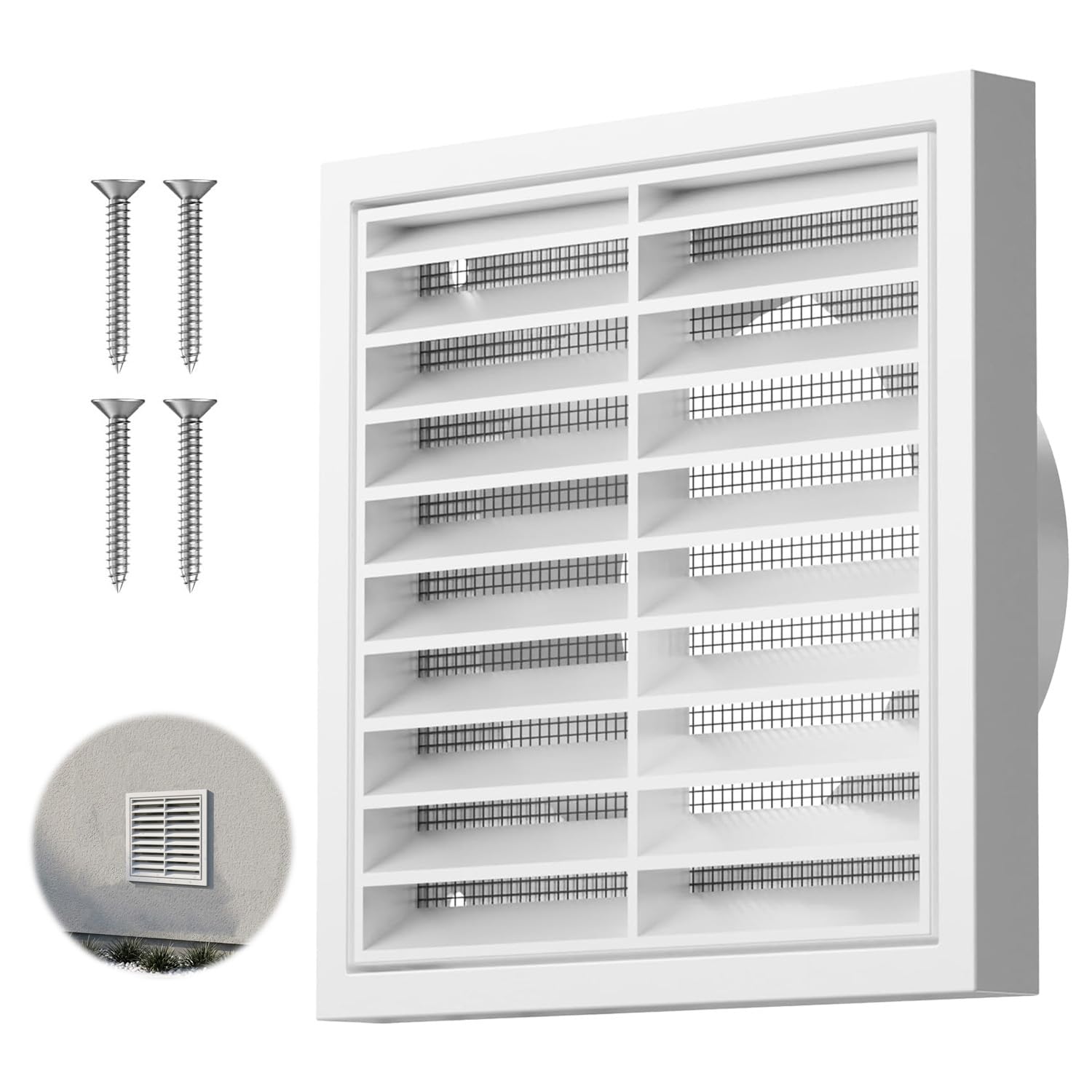 Extractor Fan Vent Cover 100mm Air Vent Covers for Walls 140mm×140mm Tumble Dryer Vent Cover Louvred Wall Vent Grille with Flyscreen for Garage, Bathroom, Kitchen, Attic, Exterior Walls (White)