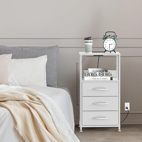 Miniatura 4 de Mesita de noche blanca con estación de carga, mesa auxiliar con cajón, mesita de noche alta con puertos USB y tomacorrientes, mesita de noche de 3