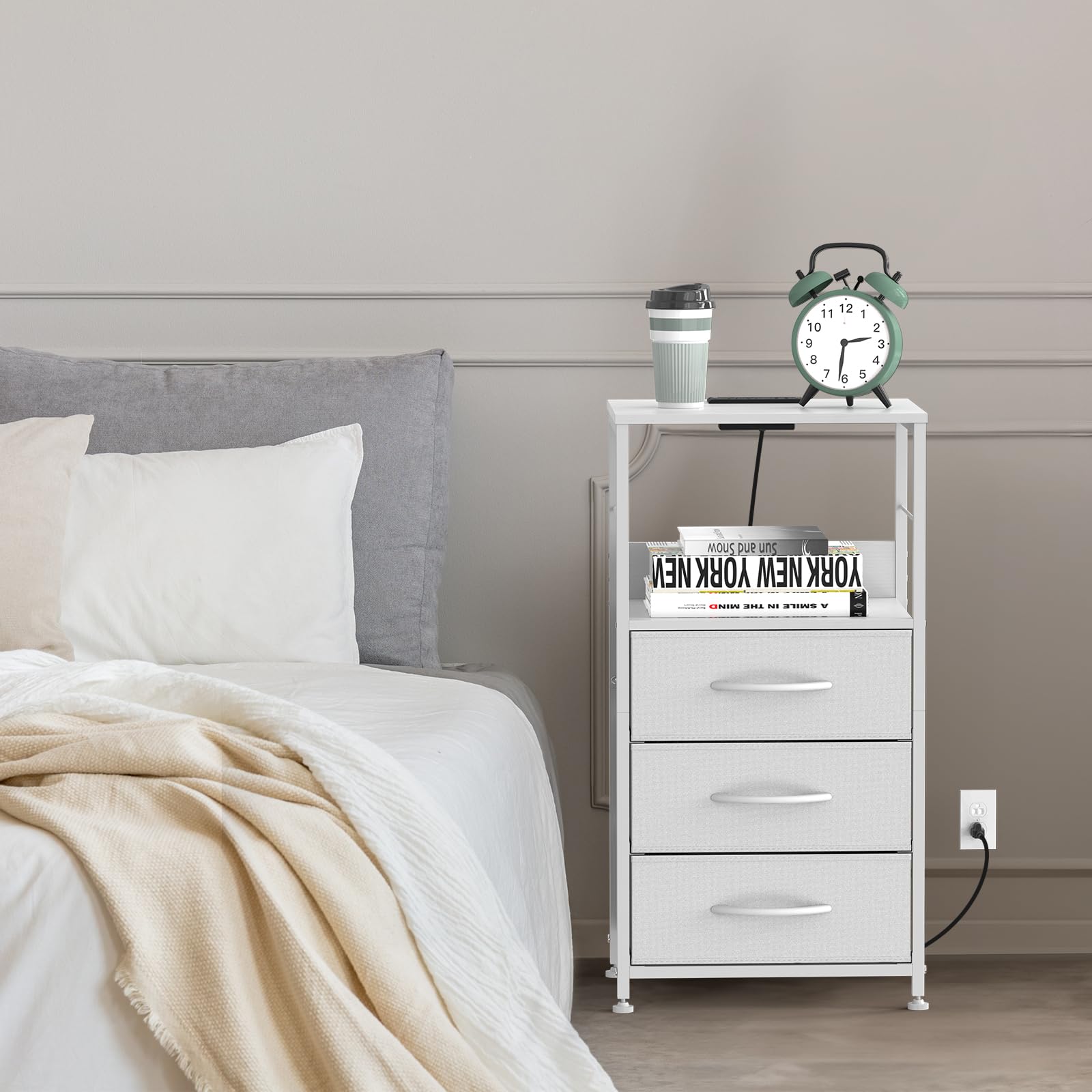NOVIMANGO White Nightstand with Charging Station End Side Table with Drawer Tall Bedside Table with USB Ports & Outlets 3 Tier Tall Night Stand with Fabric Drawer for Living Room Dorm Office