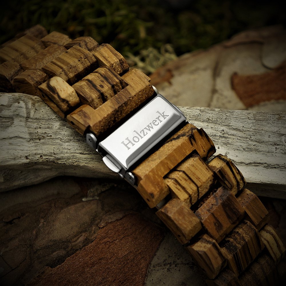Holzwerk Germany Handgefertigte Matrix Herren Uhr Öko Natur Holzuhr Holz Armband Braun Schwarz Zebra Muster Analog Uhr Datum und Wochentag Anzeige Herrenuhr