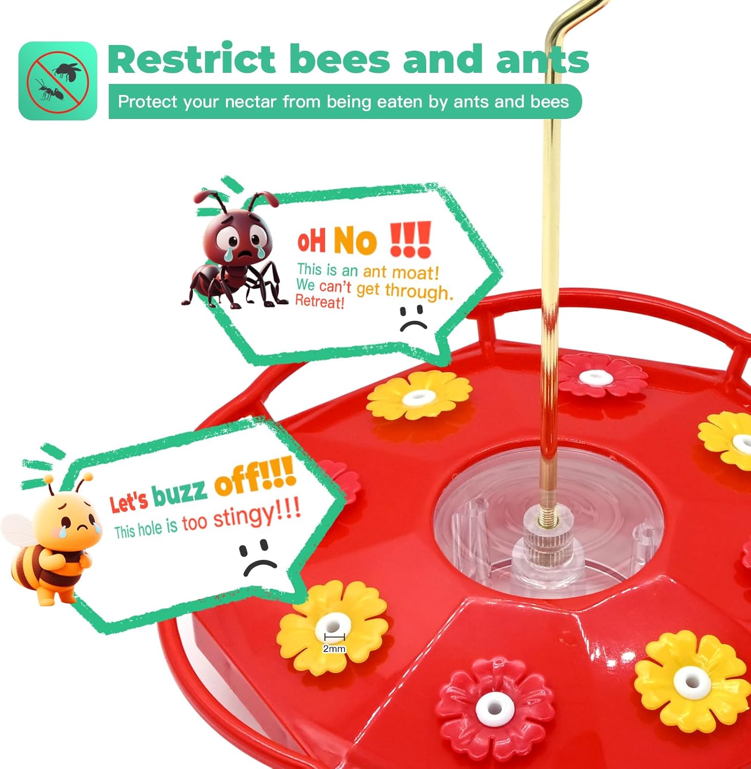 Hummingbird Feeders for Outdoors 12 OZ Bee Proof Plastic Humming Bird Feeder 8 Feeder Ports,with Perch with Ant Moat,Easy to Clean with Cleaning Brushes Red - Image 2