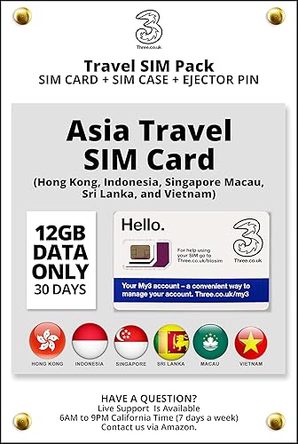 Tarjeta SIM de viaje prepago de Asia por 3UK. Datos de 12 GB sólo durante 30 días. Debemos activar la tarjeta SIM.
