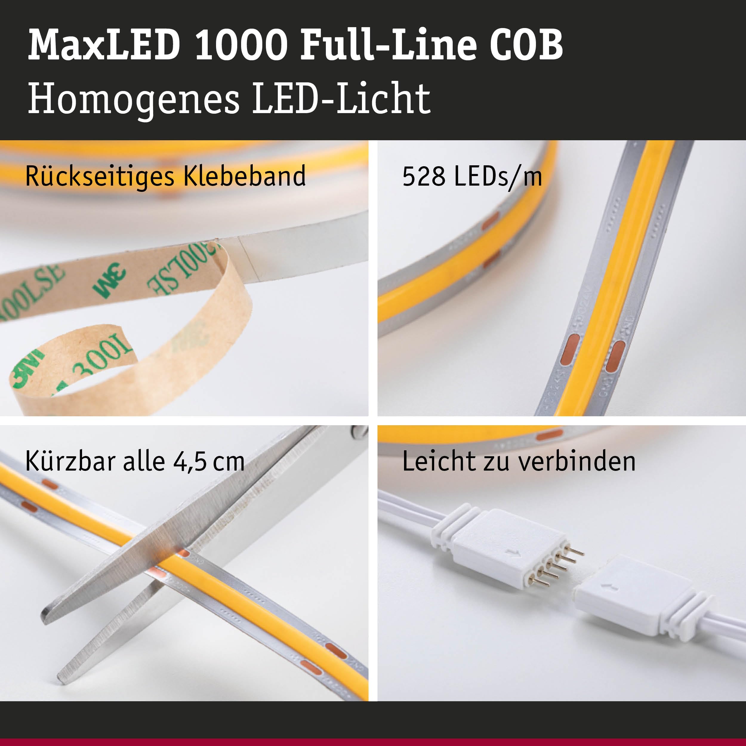 Paulmann 71128 MaxLED 1000 LED Strip Full-Line COB 36W 1280lm/m 528LEDs/m dimmbar 3m Silber Kunststoff 6500K LED Band erweiterbar