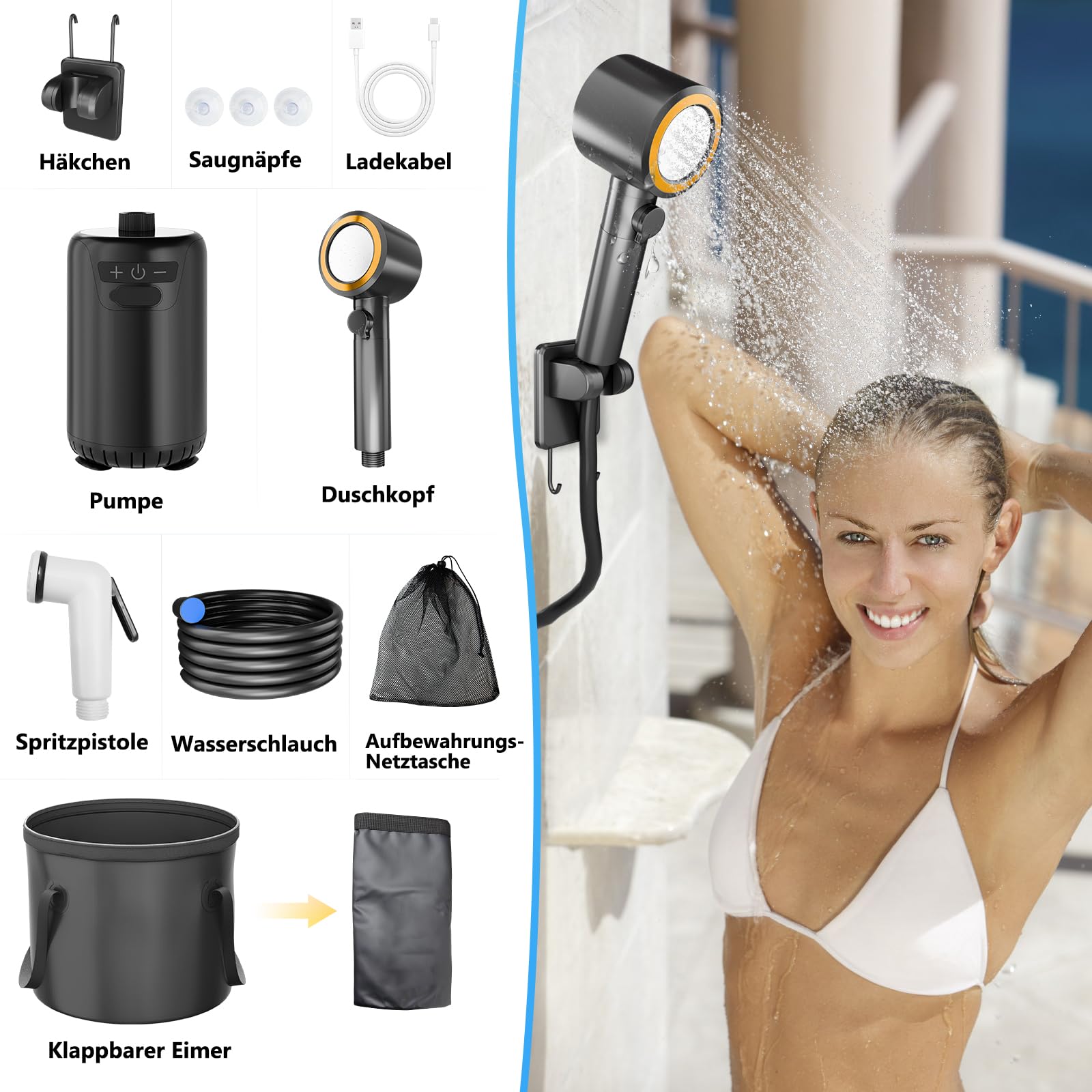 Camping Dusche Tragbare, [8000mAh] Akku Campingdusche mit Pumpe und Duscheimer, Outdoor Dusche Set mit Filter Duschkopf und 10-Gang-Schaltung, für Camping Reisen Garten Wandern Autowaschen Haustier Sport & Freizeit