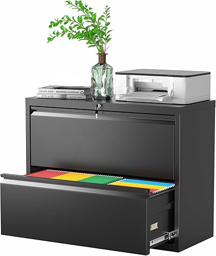 Greenvelly Archivador de 2 cajones, archivador lateral negro con cerradura, archivadores de oficina para tamaño legalcartaA4F4 con archivos