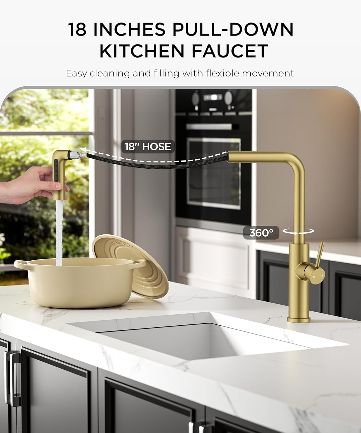 FORIOUS Gold Waterfall Kitchen Faucet with Pull Down Sprayer, 5 Spout Mode Stainless Steel Single Handle 360° Swivel Classic Kitchen Sink Faucet with Deck Plate for 1 or 3 Hole for Bar Rv