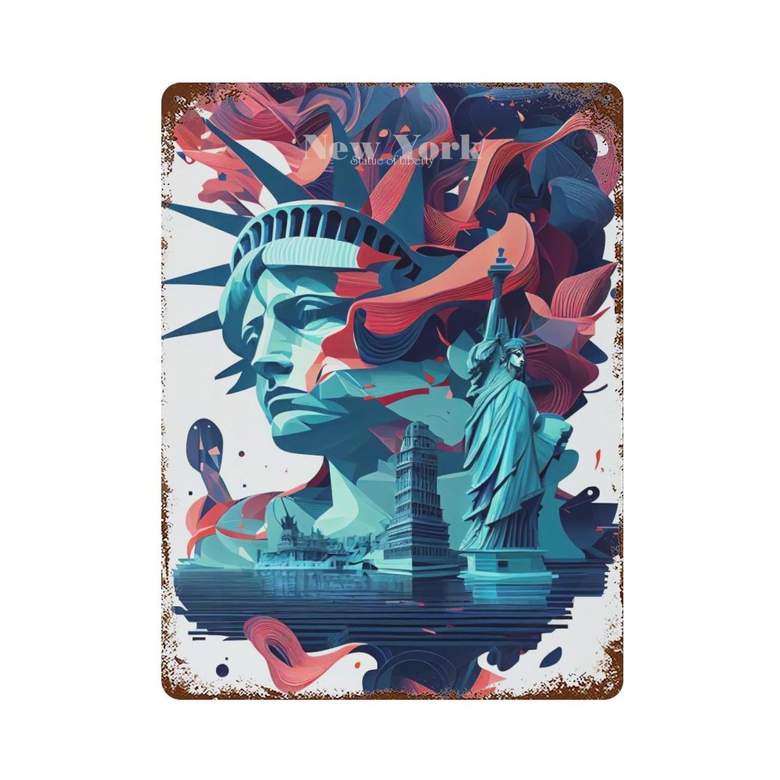 Rust Effect New York Lady Liberty 2 Aged Metal Wall Plaque 15.7"x11.8", Rustic Home Decor for Bistro, Counter And Cafe Decor
