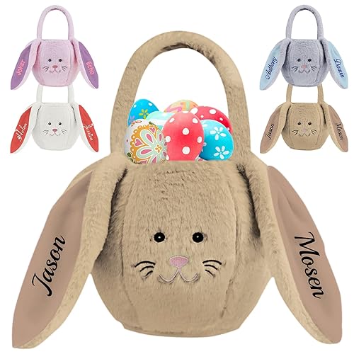 Cesta de conejo de Pascua para niños, cesta de Pascua personalizada para niños, cesta de almacenamiento de juguetes con nombre, conejito marrón