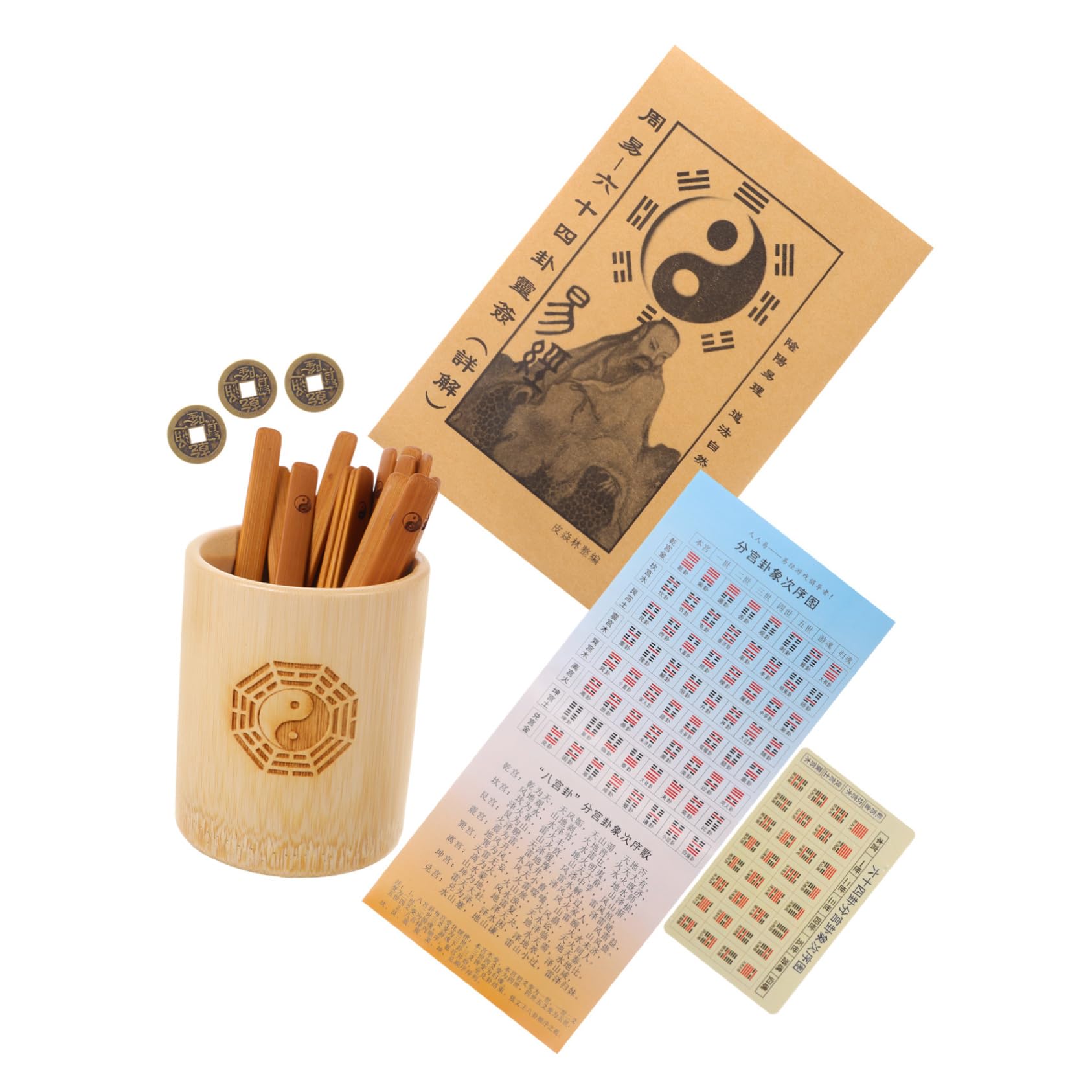 Abaodam Hexagram Tool Set Chinese Style Divination Sticks Feng Shui Luck Bamboo Fortune Telling Sticks with Book Kit