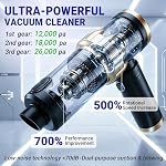 Voiture Vaccum Portable sans fil, 26000Pa Aspiration avec moteur sans brosse, 4-in-1 Main tenue Mini Aspirateur compact avec 3 Modes d'aspiration, Frais de type C pour le bureau de la voiture d'intérieur, Noir